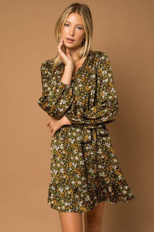 Whimsical Blooms Puff Sleeve Dress-Black Olive Floral-Avah