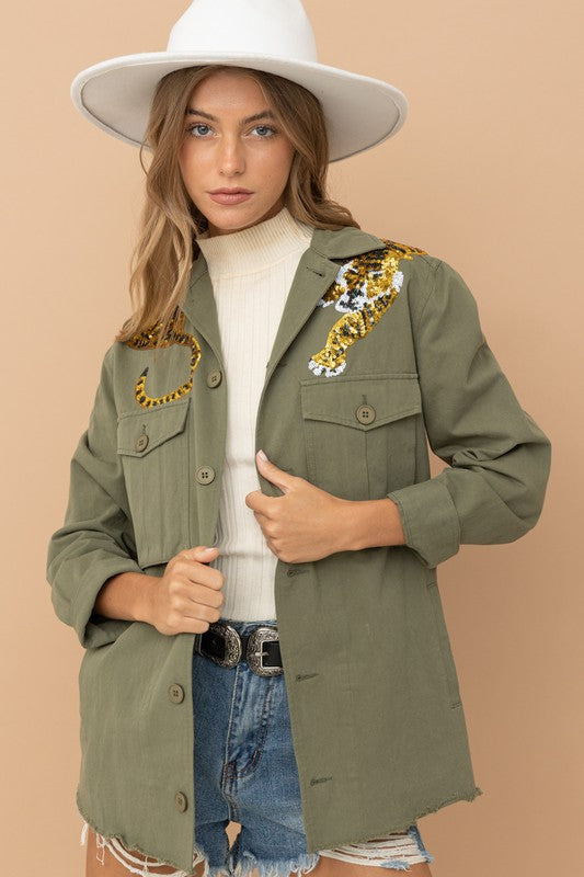 Style Up Sequin Tiger Collared Utility Jacket-Olive Green-Avah
