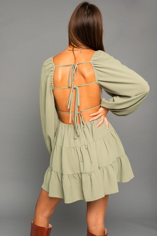 Take The Plunge Long Sleeve Open Back Dress - Light Olive Green-Avah