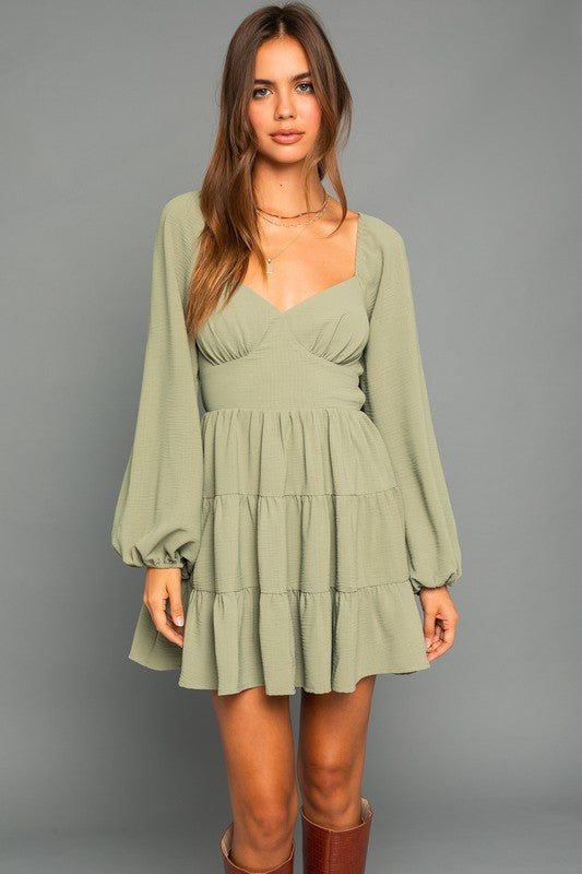 Take The Plunge Long Sleeve Open Back Dress - Light Olive Green-Avah