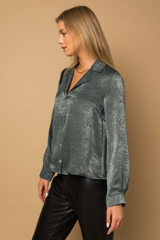 Elysian Satin Button-Down Blouse Top-Dark Teal-Avah