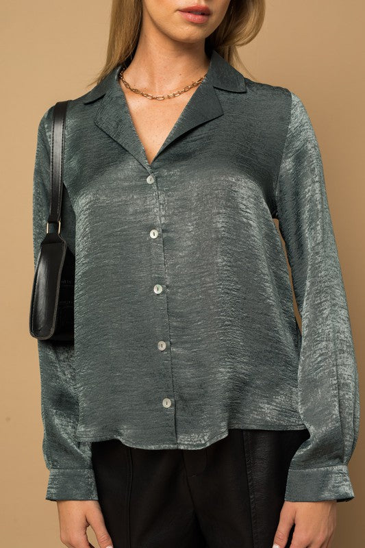 Elysian Satin Button-Down Blouse Top-Dark Teal-Avah