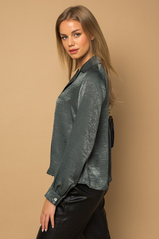 Elysian Satin Button-Down Blouse Top-Dark Teal-Avah