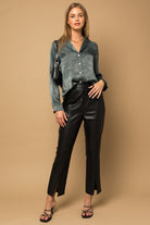 Elysian Satin Button-Down Blouse Top-Dark Teal-Avah