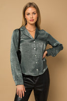 Elysian Satin Button-Down Blouse Top-Dark Teal-Avah