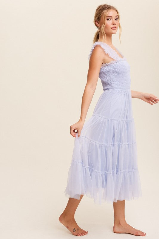 Lovely Day Smocked Ruffle Midi Dress - Blue-Avah