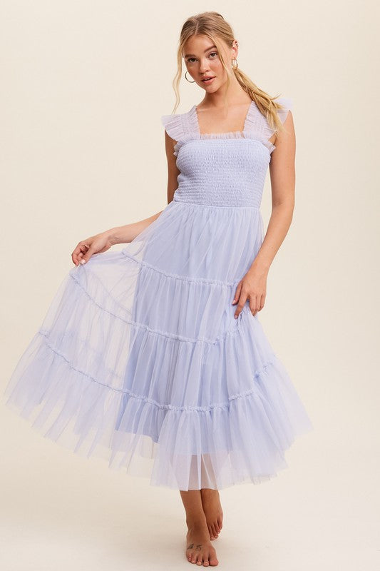 Lovely Day Smocked Ruffle Midi Dress - Blue-Avah