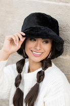 Model wearing black plush bucket hat with faux-fur finish, front view-AVAH