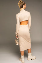 A Cut Above Long-Sleeved Mock Neck Midi Dress - Taupe-Avah