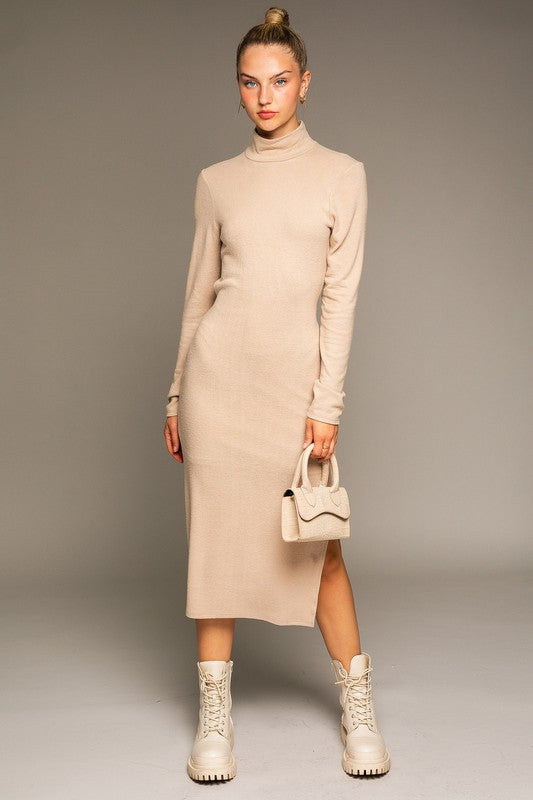 A Cut Above Long-Sleeved Mock Neck Midi Dress - Taupe-Avah