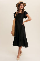 Poised Square Neck Ruffled Midi Dress -Black-Avah