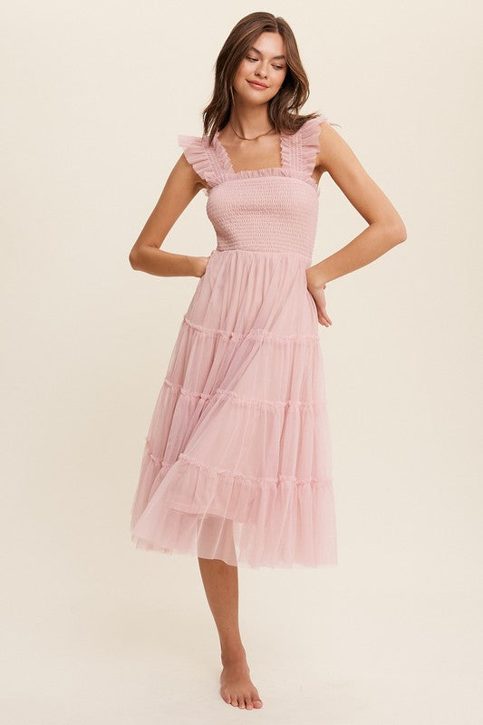 Lovely Day Smocked Ruffle Midi Dress - Mauve-Avah