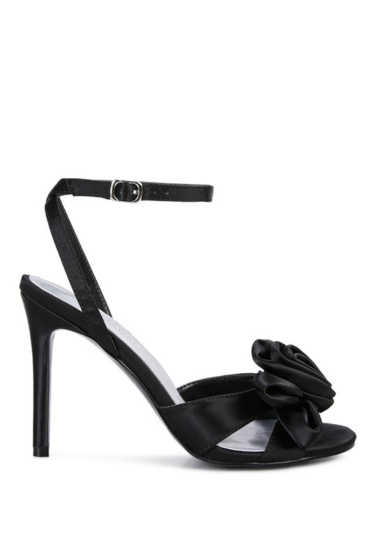Satin Rosette Open Toe Ankle Strap Heel-Black-Avah Couture