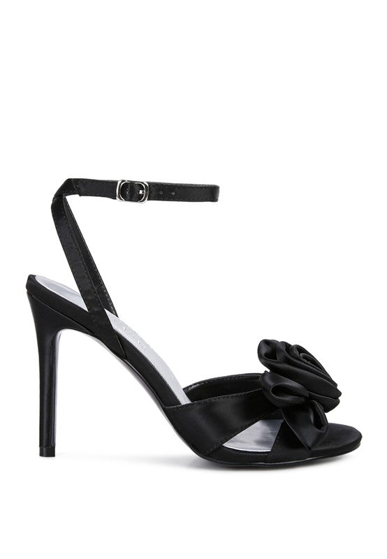 Satin Rosette Open Toe Ankle Strap Heel-Black-Avah Couture