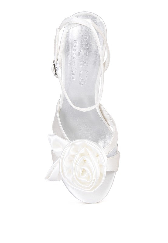 Satin Rosette Open Toe Ankle Strap Heel-White-Avah Couture