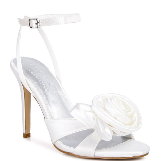 Satin Rosette Open Toe Ankle Strap Heel-White-Avah Couture