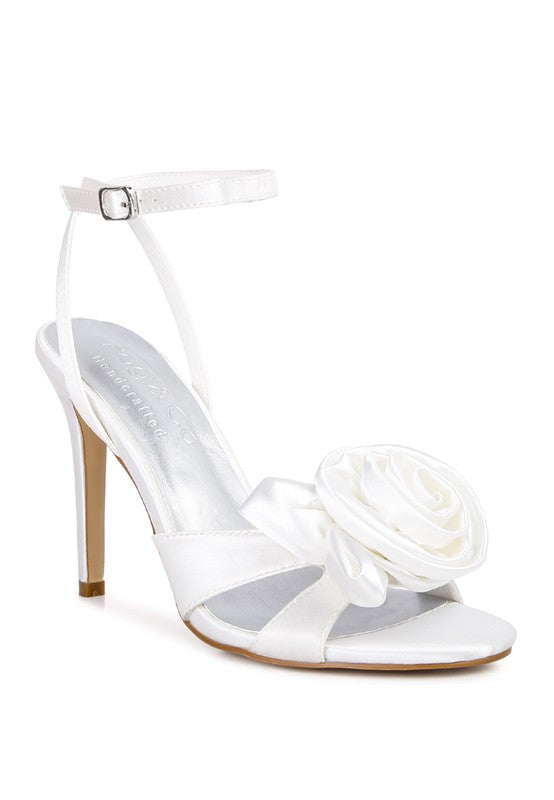Satin Rosette Open Toe Ankle Strap Heel-White-Avah Couture