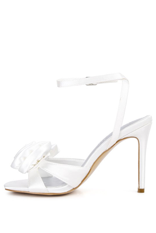 Satin Rosette Open Toe Ankle Strap Heel-White-Avah Couture
