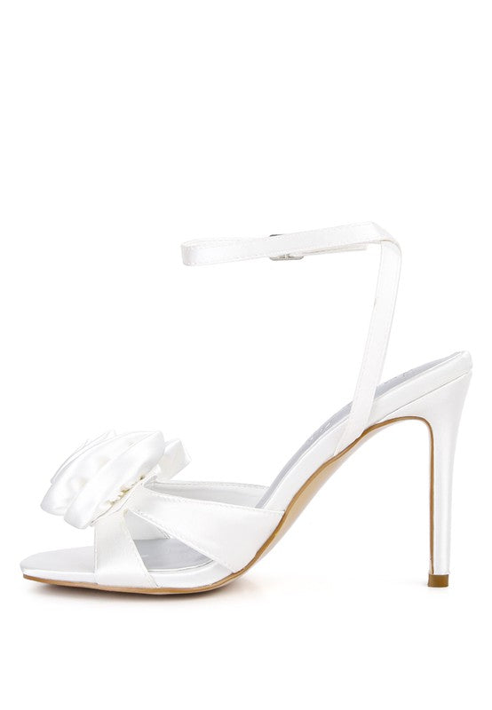 Satin Rosette Open Toe Ankle Strap Heel-White-Avah Couture