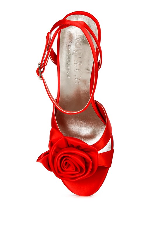 Satin Rosette Open Toe Ankle Strap Heel-Red-Avah Couture