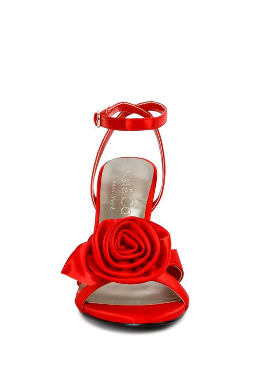 Satin Rosette Open Toe Ankle Strap Heel-Red-Avah Couture