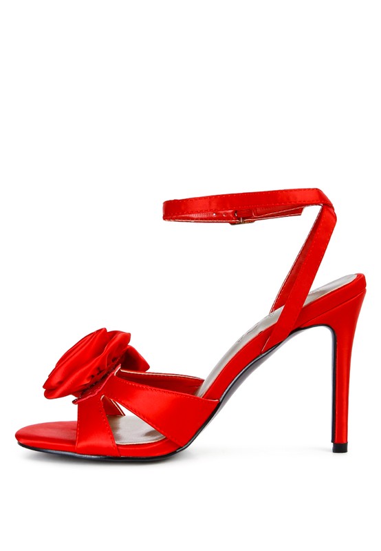 Satin Rosette Open Toe Ankle Strap Heel-Red-Avah Couture
