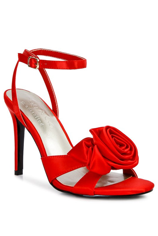 Satin Rosette Open Toe Ankle Strap Heel-Red-Avah Couture