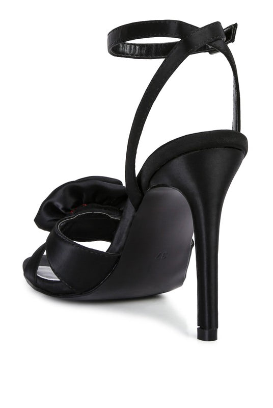 Satin Rosette Open Toe Ankle Strap Heel-Black-Avah Couture