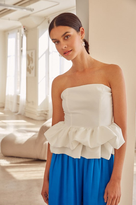 Simply Stunning Strapless Ruffle Peplum Top-White-Avah Couture