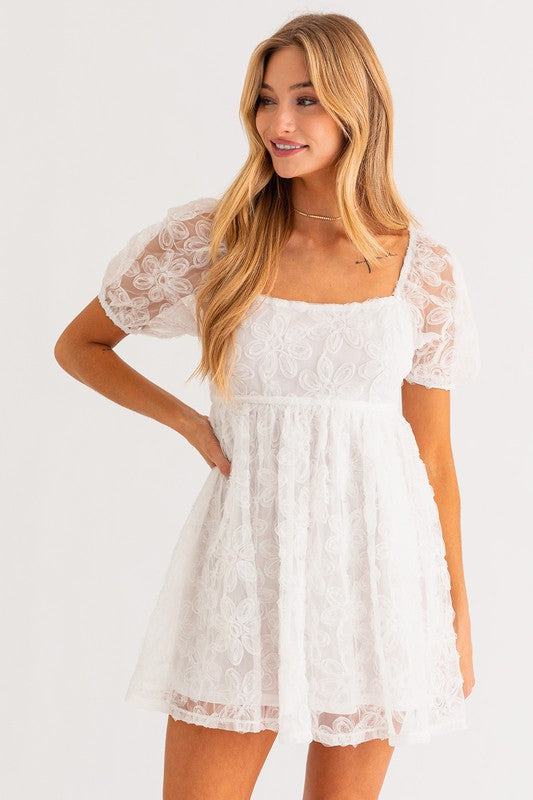 Whimsy Floral Square Neck White Dress-Avah 