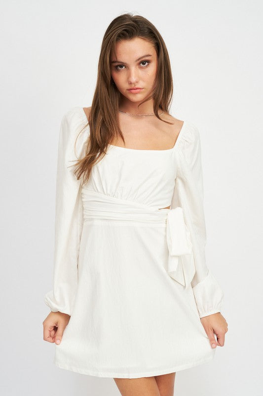 AVAH-Adora Long Sleeve Dress with Side Bow-Off White