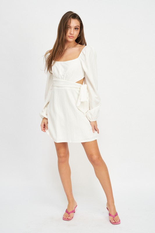 AVAH-Adora Long Sleeve Dress with Side Bow-Off White