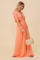 Behold V-Neck Smocked Maxi Dress-Melon Orange-Avah Couture