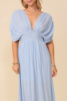 Behold V-Neck Smocked Maxi Dress-Blue-Avah Couture