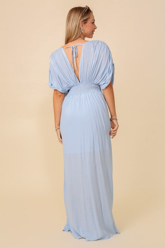 Behold V-Neck Smocked Maxi Dress-Blue-Avah Couture
