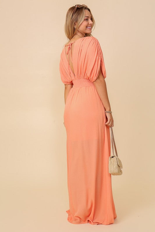 Behold V-Neck Smocked Maxi Dress-Melon Orange-Avah Couture