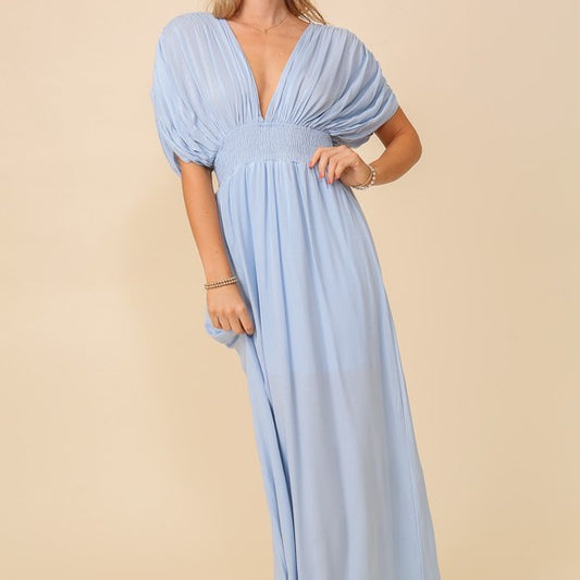 Behold V-Neck Smocked Maxi Dress-Blue-Avah Couture