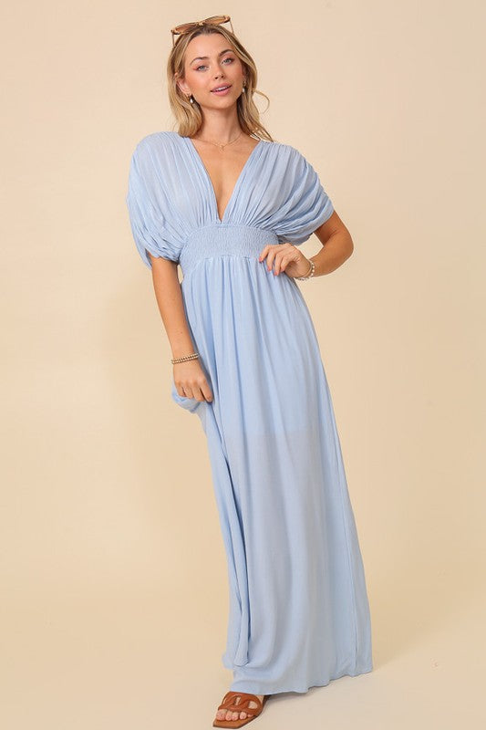 Behold V-Neck Smocked Maxi Dress-Blue-Avah Couture