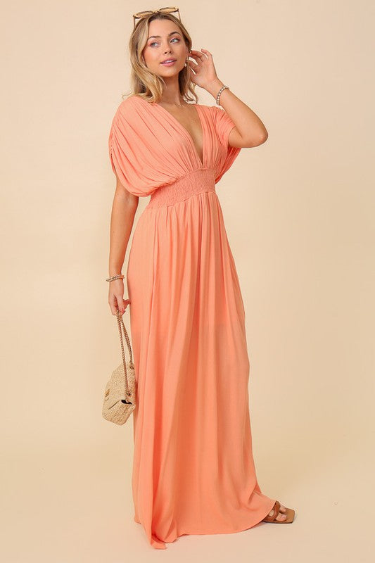 Behold V-Neck Smocked Maxi Dress-Melon Orange-Avah Couture