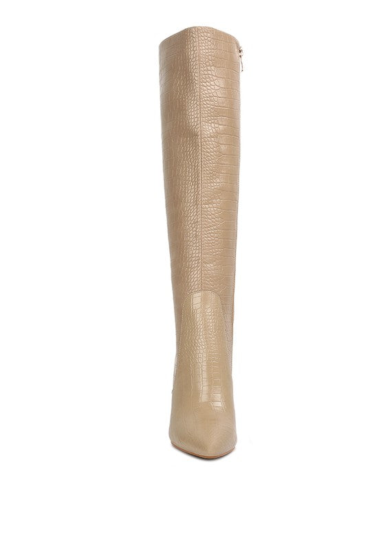 High Indulgent Croc Pointed-Toe Knee High Boots-Nude-Avah