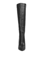 High Indulgent Croc Pointed-Toe Knee High Boots-Black-Avah