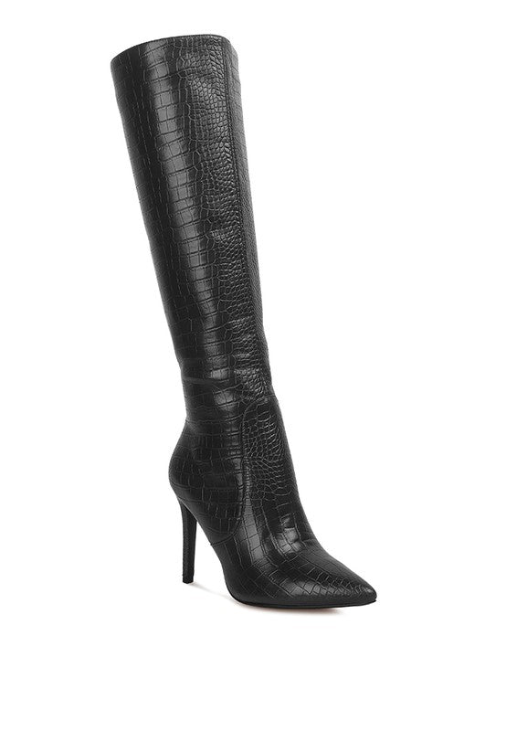 High Indulgent Croc Pointed-Toe Knee High Boots-Black-Avah