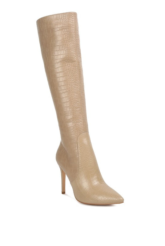 High Indulgent Croc Pointed-Toe Knee High Boots-Nude-Avah