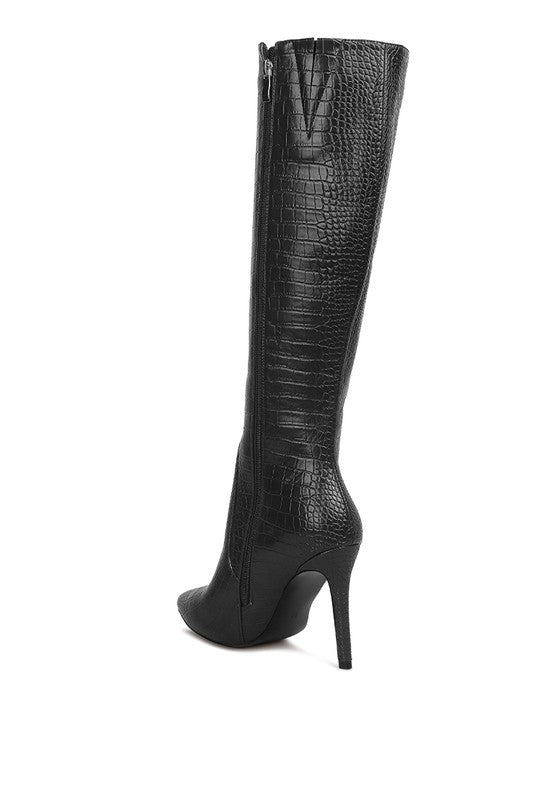 High Indulgent Croc Pointed-Toe Knee High Boots-Black-Avah