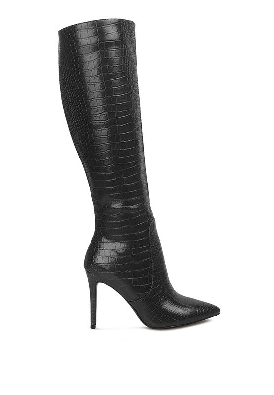 High Indulgent Croc Pointed-Toe Knee High Boots-Black-Avah