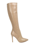 High Indulgent Croc Pointed-Toe Knee High Boots-Nude-Avah