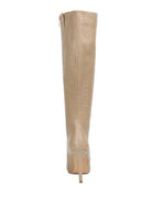 High Indulgent Croc Pointed-Toe Knee High Boots-Nude-Avah