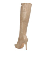 High Indulgent Croc Pointed-Toe Knee High Boots-Nude-Avah