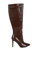 High Indulgent Croc Pointed-Toe Knee High Boots-Dark Brown-Avah