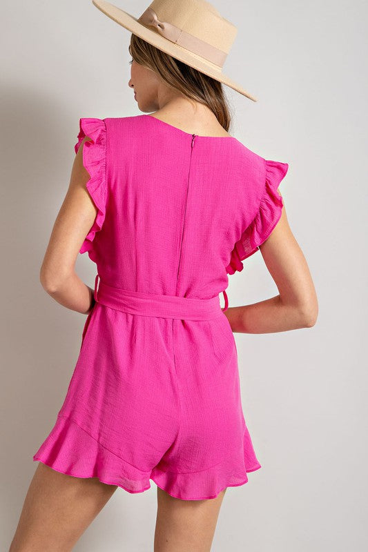 Timeless Elegance V-Neck Ruffled Romper-Pink-Avah Couture